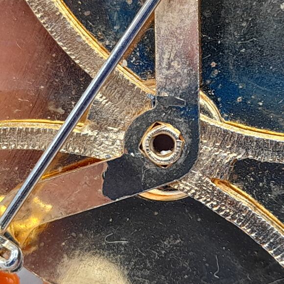 Vintage Romantic Scene Fragonard Style Brooch, Orange Bead Gold Frame, 2 Inches - Picture 8 of 9